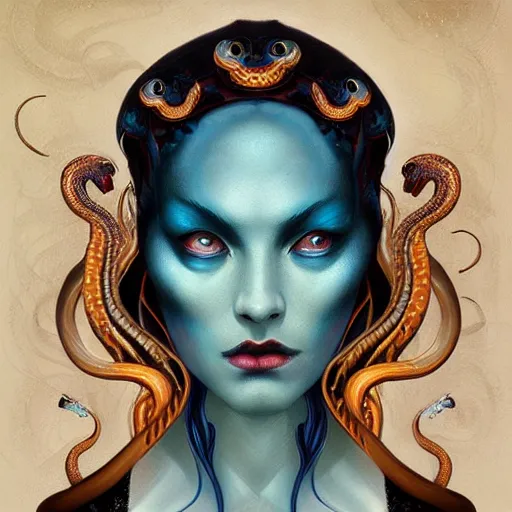Image similar to queen of snakes, crown of snakes, blue skin, by Anato Finnstark, Tom Bagshaw, Brom