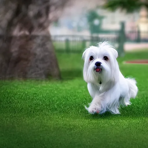 Image similar to a photograph of ellie the maltese playing at the park, hyperrealism, photo realistic, canon pro