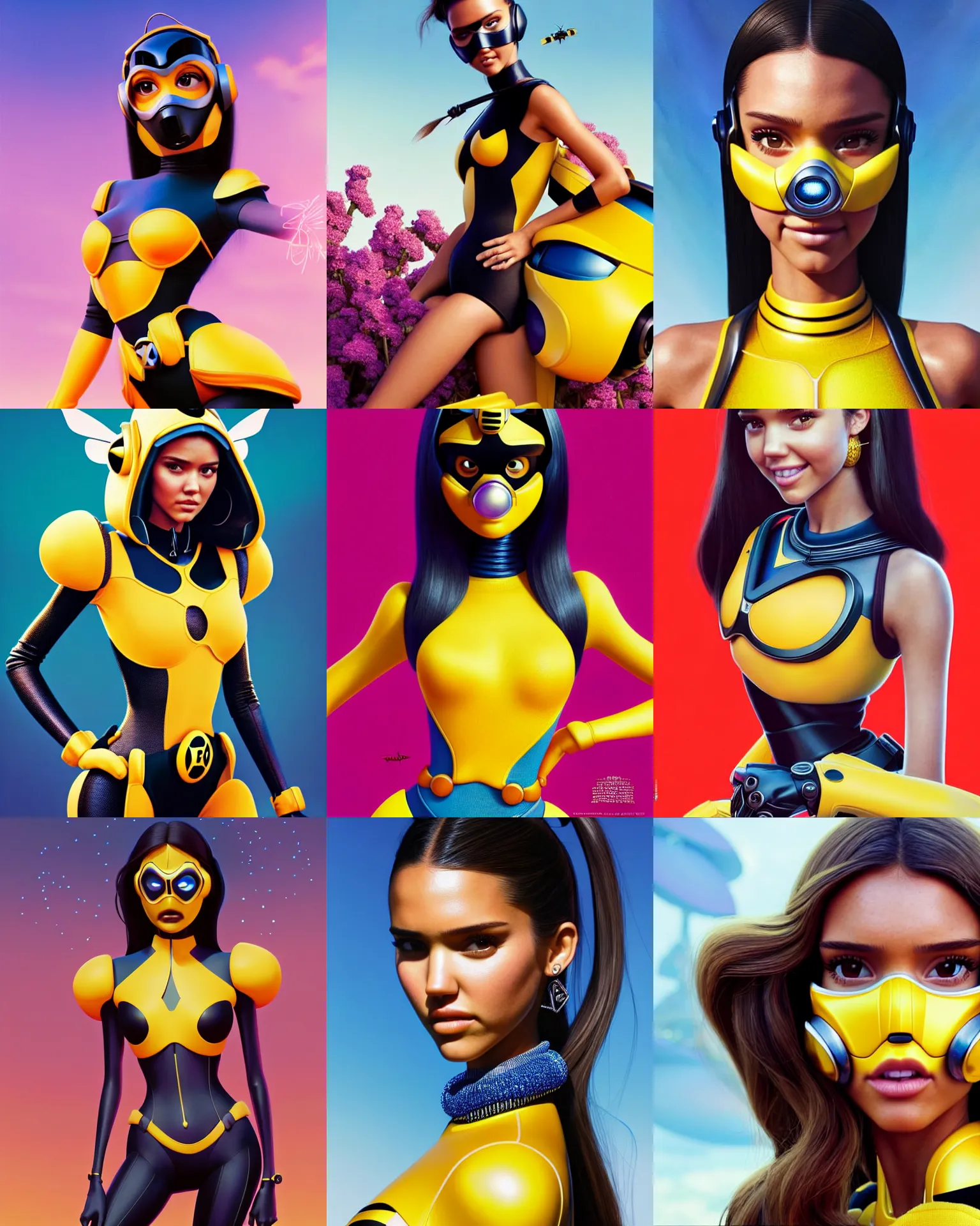 Prompt: disney pixar portrait 8 k photo of jessica alba, kendall jenner, madison beer, adriana lima, ariana grande, wearing elaborate jewelry : : as bumblebee cyborg woman by pixar : : by weta, greg rutkowski, wlop, ilya kuvshinov, rossdraws, artgerm, annie leibovitz, rave mask, unreal engine, alphonse mucha : :