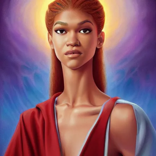 Image similar to a painting of Zendaya as the Messiah by Ross Tran, Bruce Timm and Vladimir Kush, highly detailed digital art, holy aura, serene expression