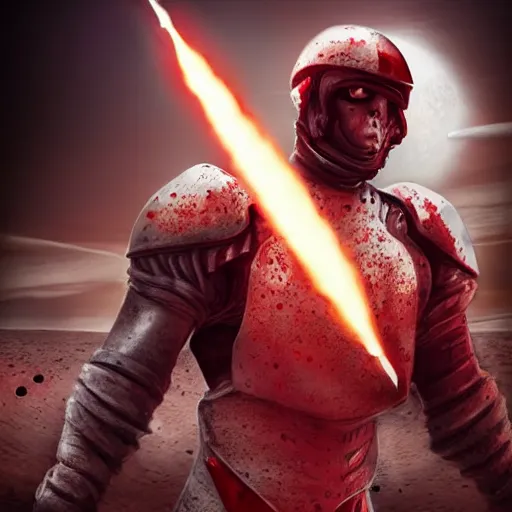 Image similar to a tall muscular soldier, wearing blood - spattered glossy sleek white dinged scuffed armor and a long torn red cape, heroic posture, determined expression, gritty, no helmet, on the surface of mars, dramatic lighting, cinematic, sci - fi, hyperrealistic, detailed