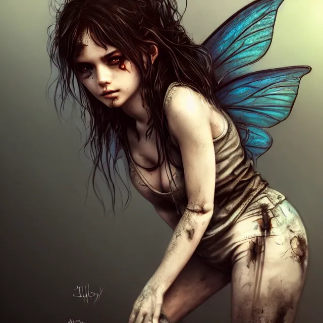 Image similar to full body pose, beautiful adult fairy, dirty, grungy, grunge, highly detailed, 4 k, hdr, smooth, sharp focus, high resolution, award - winning photo, artgerm, photorealistic