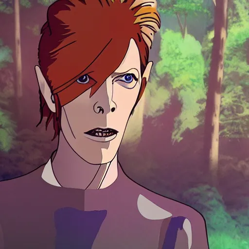 Image similar to david bowie in the forest made by studio ghibli, spirit, night, high details, high quality, 8 k, smooth,