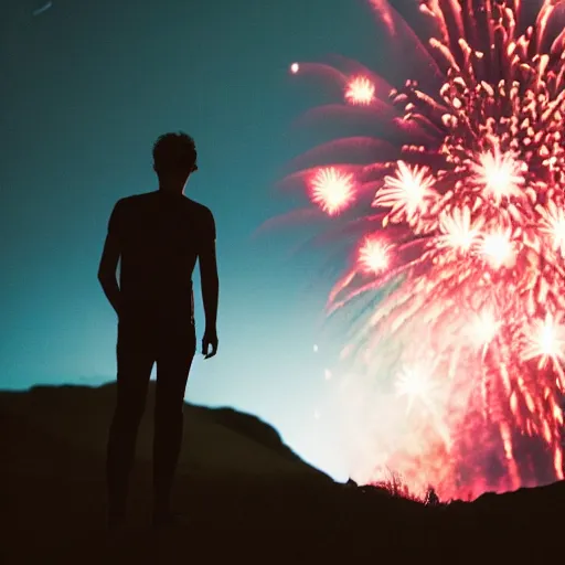 Image similar to Film still. Silhouette of young man. From behind. At night. Hills in the distance. Red fireworks in the sky. Cinematic lighting.