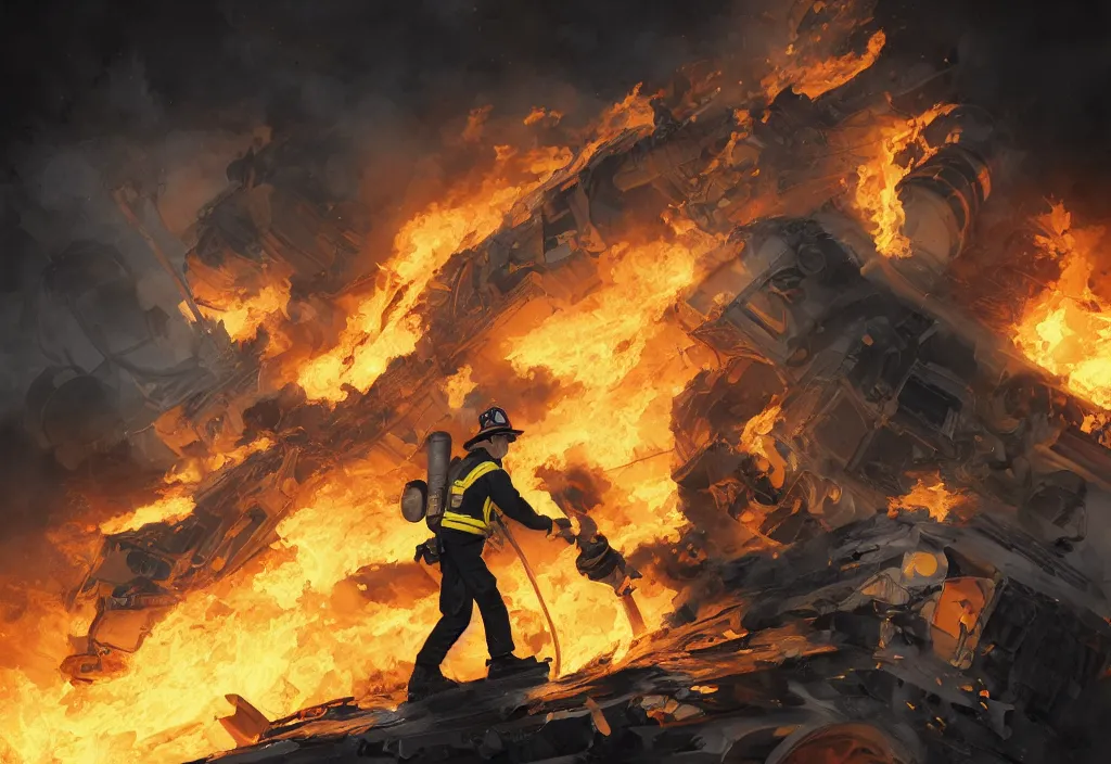 Image similar to heroic firefighter in action in black and yellow uniform, fire flames, sharp details, sharp focus, elegant, highly detailed, illustration, by jordan grimmer and greg rutkowski and pine ( ハイネ ) and 薯 子 imoko and 香 川 悠 作 and wlop and maya takamura, intricate