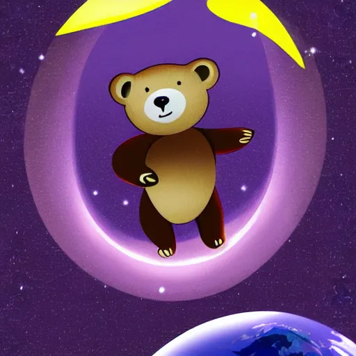 Image similar to cartoon illustration of a bear mascot being launched from a futuristic marble planet, purple and orange cloudland