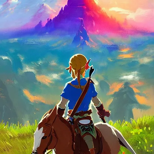 Prompt: oil painting of zelda breath of the wild, iconic mountain in the background. beautiful, rpg, dnd, artgerm, colorful, disney, pixar