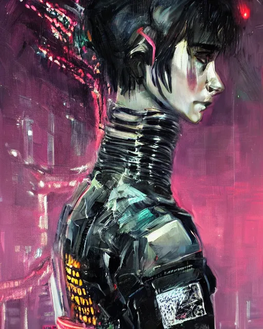 Prompt: detailed portrait Neon guard woman with very short dark hair seen from the back, cyberpunk futuristic, reflective puffer jacket, black leggings, decorated with traditional ornaments in front of a dystopian crowd with piles of garbage by Ismail inceoglu dragan bibin hans thoma, Perfect face, fine details, realistic shaded, fine-face, pretty face