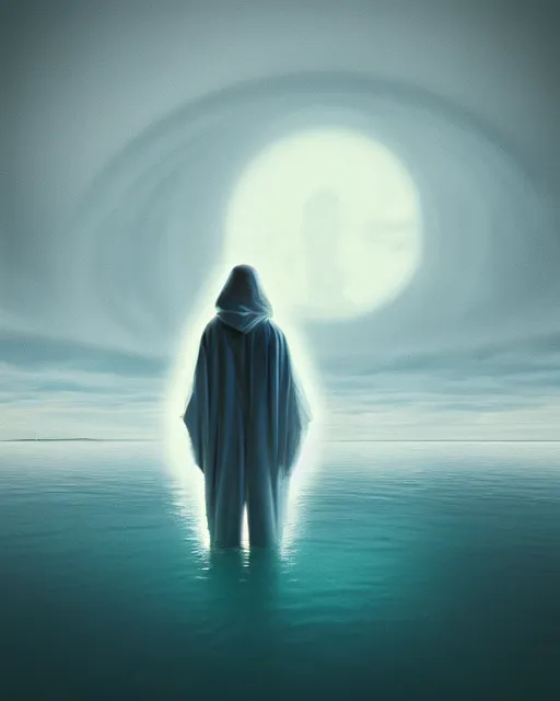 Image similar to a person wearing a white cloak standing in the water. a large planet is overhead. an album cover by stanley twardowicz, trending on cg society, retrofuturism, retrowave, chillwave, synthwave