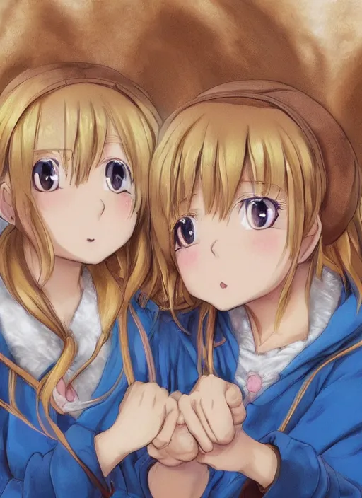 Prompt: highly detailed portrait of one blonde haired blue eyed and one brown haired brown eyed anime girl in animal themed onesies holding hands looking at us, happy, excited, digital art, cute, anime, detailed faces, well drawn faces, cute faces, hand drawn, 8 k, trending on artstation, detailed eyes, official media, by hayao miyazaki