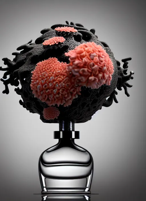 Prompt: perfume bottle standing in a miniature biomechanical black enchanted coral kingdom made of corals, daisies, roses in an ivory room well contoured smooth fair walls, up close shot, sharp focus, global illumination, radiant light, alexandre ferra white mecha, irakli nadar, octane highly render, 4 k, ultra hd,