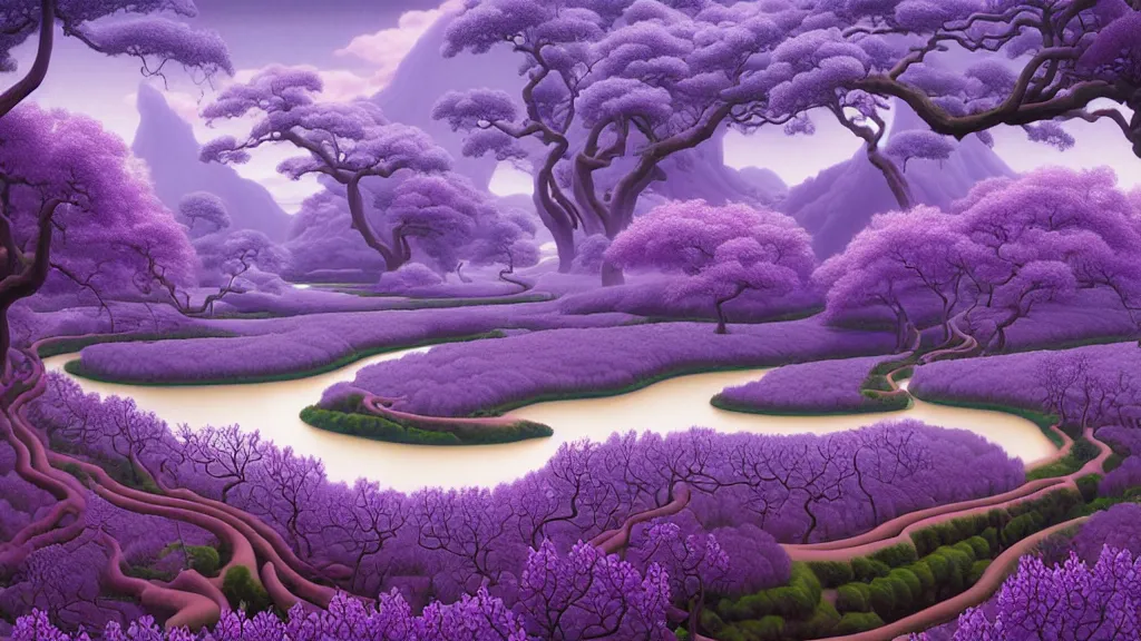 Image similar to digital painting of a lush sinuous river valley by gerald brom. purple river. cold icy day. chiho aoshima. wisteria. digital render. detailed. beautiful landscape.