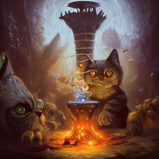 Prompt: Anthropomorphized cat witch brewing potion, witch Hut, magic the gathering artwork, D&D, fantasy, cinematic lighting, centered, symmetrical, highly detailed, digital painting, artstation, concept art, smooth, sharp focus, illustration, volumetric lighting, epic Composition, 8k, art by Akihiko Yoshida and Greg Rutkowski and Craig Mullins, heroic pose, oil painting, cgsociety