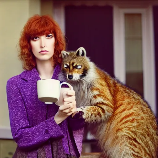 Prompt: a photo by arbus of a slender beautiful woman with straight ginger hair and bangs, wearing purple leathers and gold helmet, posing with large ginger tabby and raccoon on a motorcycle in front yard, holding coffee mug and toasted brioche bun, fashion photography, dramatic lighting, 8 5 mm lens