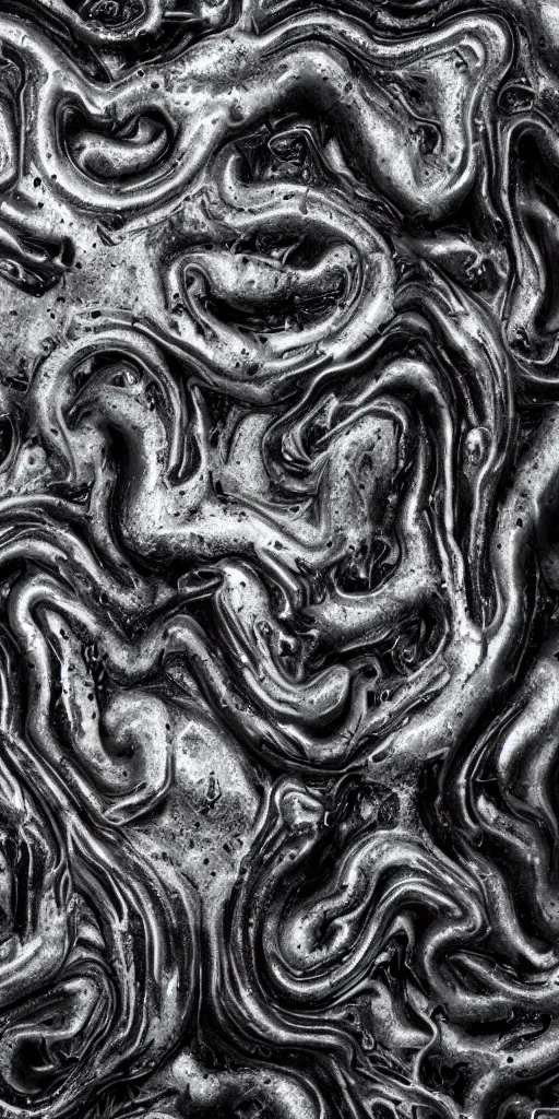 Image similar to a photorealistic render of a neotribal melted chrometype on a black background, greyscale, made of melted plastic and marble, maya, by zhelong xu and ernst haeckel, wide angle, hyper realistic, volumetric lightning, octane render