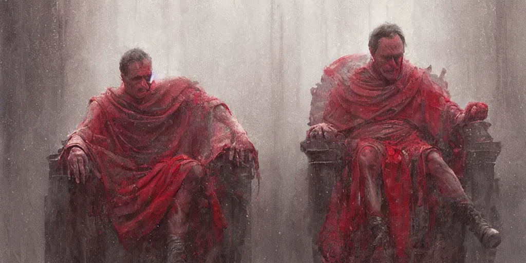 Image similar to the end is near. a tired julius caesar is sitting on his throne. face is highly detailed. splices of red are running down his toga. mist. color scheme red. low angle medium shot. imagined by jeremy lipking