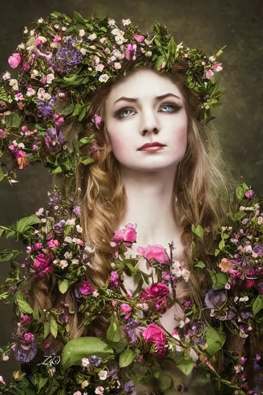 Prompt: beautiful elven women clothed in flowers by malgorzata kmiec, floral, ethereal, elegant