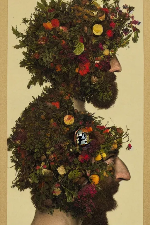 Image similar to a man's face in profile, long beard, made of flowers and fruit and nesting birds, in the style of the Dutch masters and Gregory crewdson, dark and moody