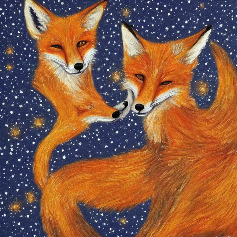 Prompt: a centred painting of a fox looking up at the stars in the style of Starry Night, highly detailed