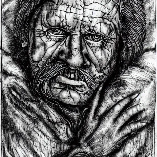 Image similar to a realistic portrait of an old weathered protector, ink illustrated , dream like atmosphere,