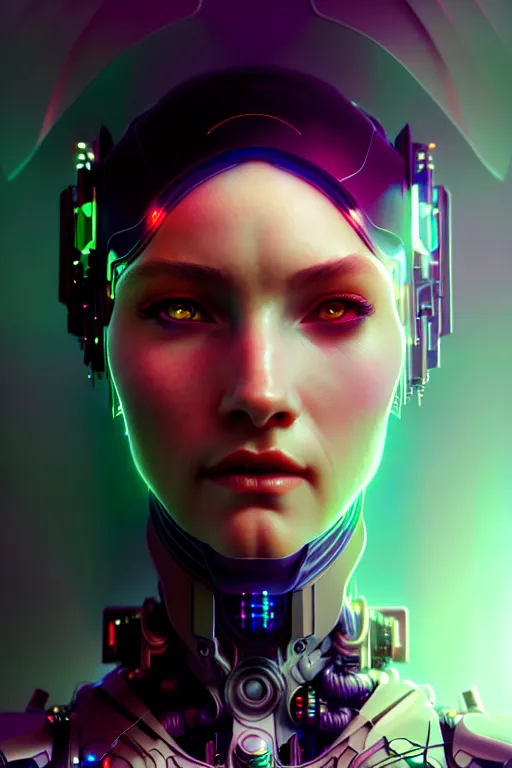 Prompt: portrait of ultra realistic, beautiful cyborg woman, metahuman, sci-fi, fantasy, cyberpunk, intricate, elegant, highly detailed, digital painting, octane render, artstation, concept art, smooth, sharp focus, eerie, illustration, art by artgerm and and alphonse mucha