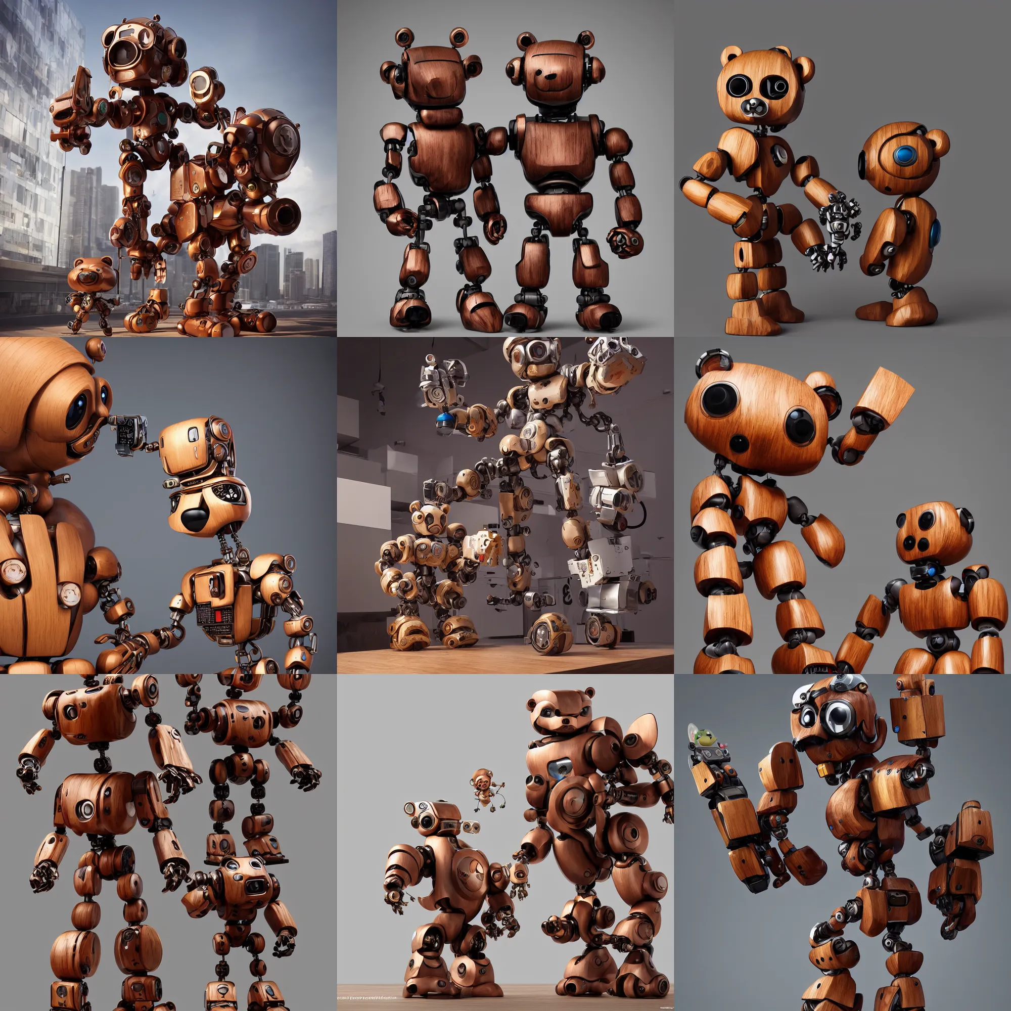 Prompt: 8 k octane render sculpture photorealistic beautiful character wooden design, art toys collectible figurine, mascot very cute bear robot cyberpunk, contemporary art gallery in background concept art cgsociety by ron english