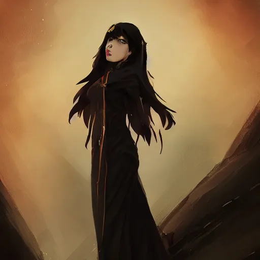 Image similar to female human vampire witch in the style of greg rutkowski, makoto shinkai, trending on artstation, character design, concept art, pretty face, highly detailed, long black hair, portrait, digital art