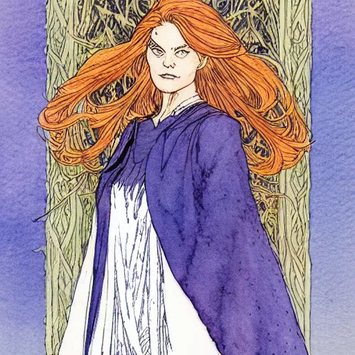 Image similar to a beautiful and very detailed character concept watercolour portrait of sanna marin, the young female prime minister of finland as a druidic wizard by alan lee, rebecca guay, michael kaluta, charles vess and jean moebius giraud