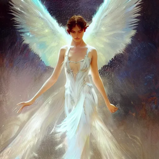 Prompt: hyperrealistic portrait of an angel woman descending onto a bladedrunner city of cats wearing white swan dress long feathers and sapphire jewellery by jeremy mann and alphonse mucha, fantasy art, photo realistic, dynamic lighting, artstation, poster, volumetric lighting, very detailed faces, 4 k, award winning