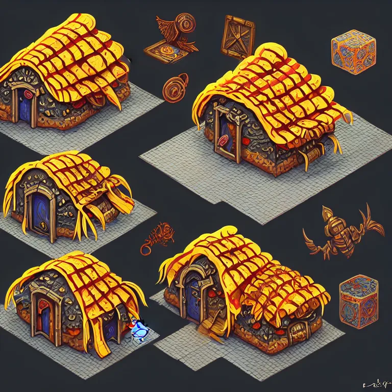 Prompt: subsurface scattering, isometric orthographic game art of houses made of tacos, transparent background, brom's amazing d & d dark sun art, psd spritesheet, digital painting by brom, hand - drawn 2 d art, intricate details, beautiful, hq lighting, ultrarealistic, cgsociety, artstation, by brom, blank background