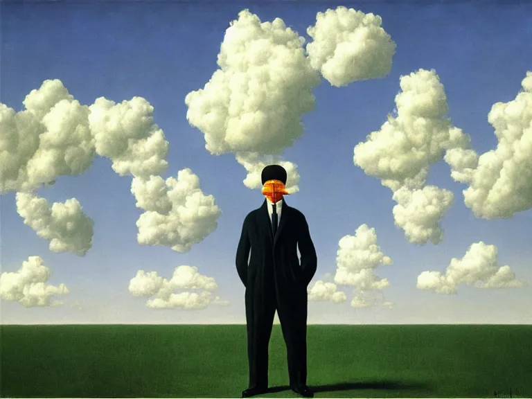 Image similar to man made out of clouds, painting by rene magritte, high detail, high resolution