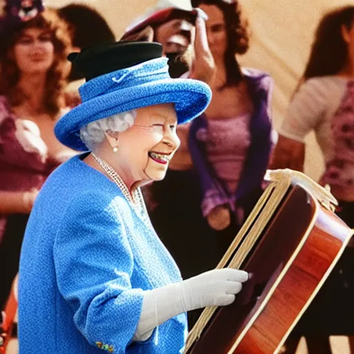 Prompt: Queen Elizabeth II rocking out on guitar, on stage at Coachella, performing a solo for the adoring crowd, photorealism