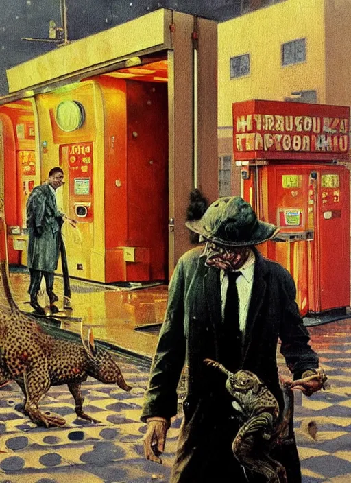 Prompt: a dariusz zawadzki painting of a creature covered in tripophobic holes walking towards a man at a gas station, full view, concept art, extremely high details, francis bacon, norman rockwell, hyper realistic high quality scene of the end of the world by francis bacon and edward hopper, horror art, scene from godfather