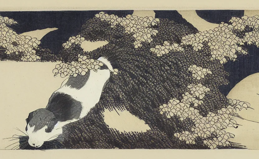 Prompt: ink drawing by hokusai of a guinea pig.