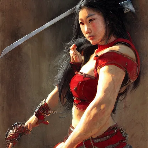 Image similar to a medieval bandit, asian female, athletic, gearing up for battle, candid, red accents, fantasy character portrait by gaston bussiere, craig mullins