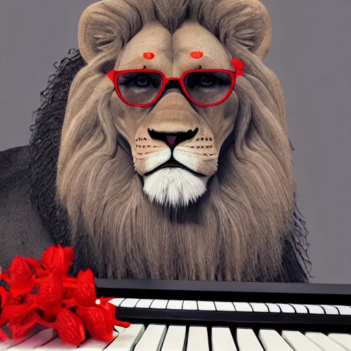 Image similar to a realistic looking lion wearing glases and holding a piano keyboard, surrounded by lemons and a red flower, dark grey background, studio lights, unreal engine render,