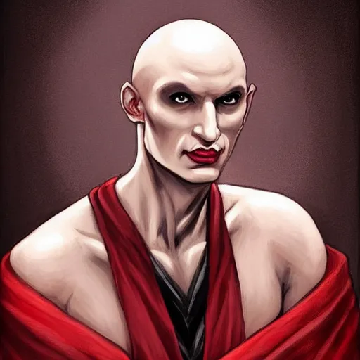 Image similar to d & d painting portrait necromancer man with bald head, red eyes, pallid skin, long flowing black and red robes. in style of randy vargas
