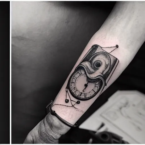 Image similar to photograph of a tatoo showing an etching of a plague doctor side shot looking at a very old pocket watch in the palm of his hand