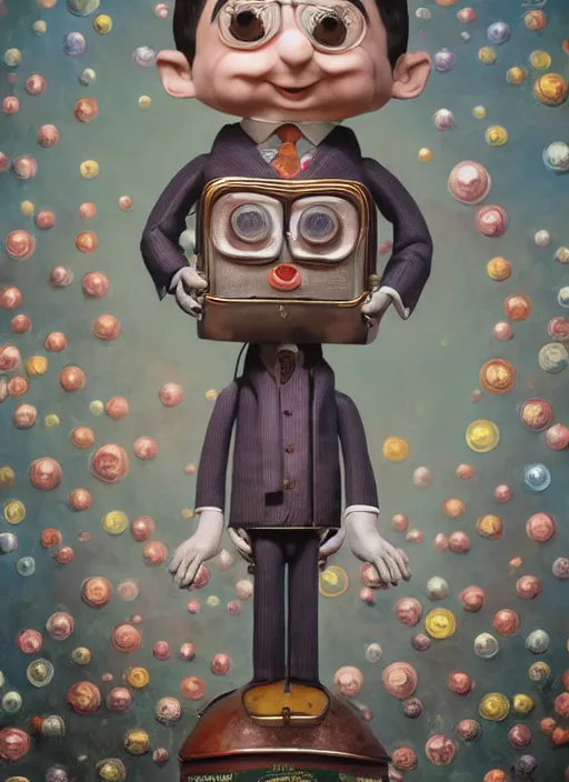 Prompt: full body of a tin toy mr bean, depth of field, zeiss lens, detailed, symmetrical, centered, fashion photoshoot, by nicoletta ceccoli, mark ryden, lostfish, earl nore, hyung tae, frank frazetta, breathtaking, 8 k resolution, extremely detailed, beautiful, establishing shot, artistic, hyperrealistic, octane render