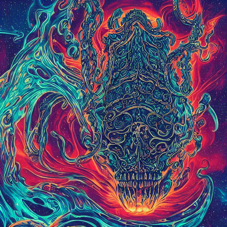 Image similar to a giant skull with intricate rune carvings and glowing eyes with symmetrical lovecraftian tentacles emerging from a space nebula by dan mumford, twirling smoke trail, a twisting vortex of dying galaxies, digital art, vivid colors, highly detailed