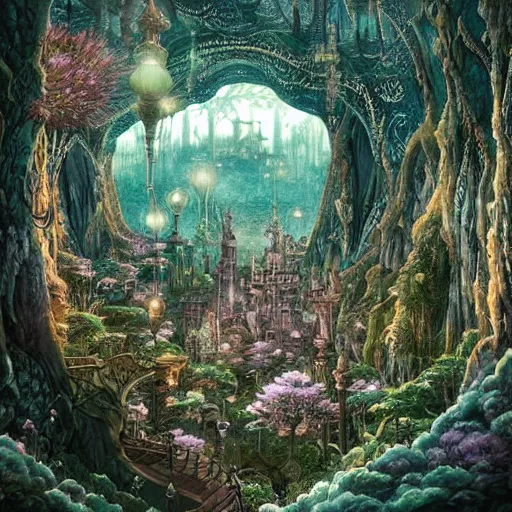 Prompt: a stunning fairy landscape with an elvish city in the middle of the forest, ornate, intricate, in the style of miyazaki, studio ghibli, hyper detailed