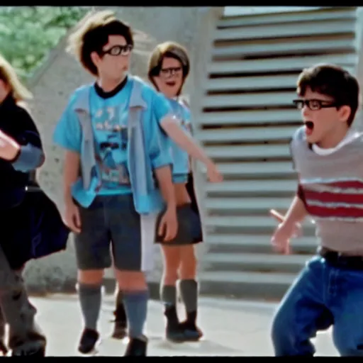 Prompt: film still from the movie 'Nerd Squad'' (1995). Exciting action scene. Sigma 85mm f/8