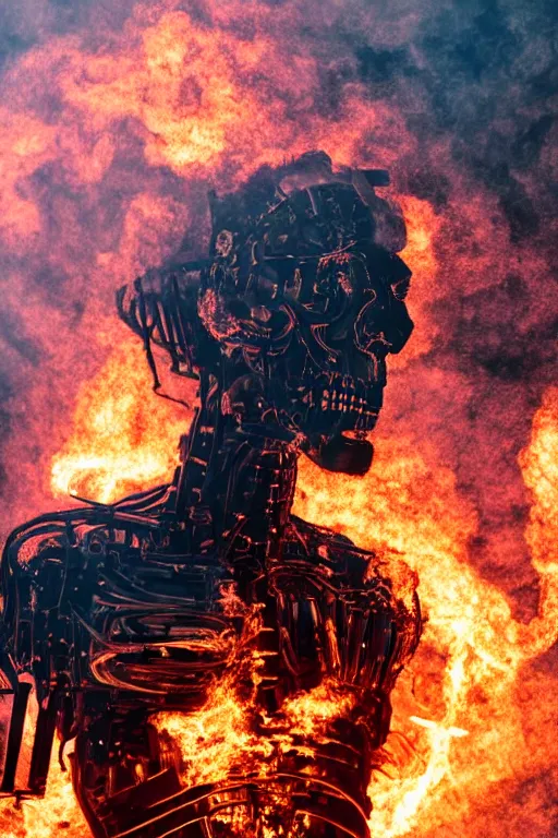 Image similar to detailed matte portrait of a t 8 0 0 endoskeleton shrouded in smoke and burning embers, intricate, elaborate, specular, chrome, reflection, chromatic aberration