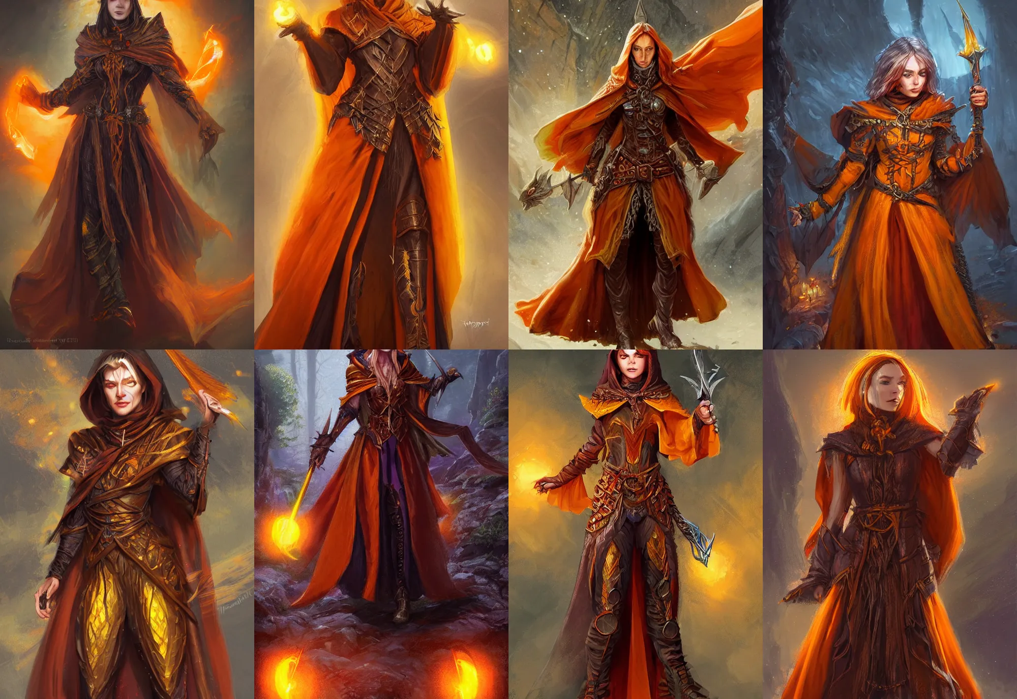 Prompt: dark orange yellow cloak female priest, ultra detailed fantasy, dndbeyond, bright, colourful, realistic, dnd character portrait, full body, pathfinder, pinterest, art by ralph horsley, dnd, rpg, lotr game design fanart by concept art, behance hd, artstation, deviantart, hdr render in unreal engine 5