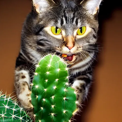 Prompt: A real photograph of a cat licking a cactus