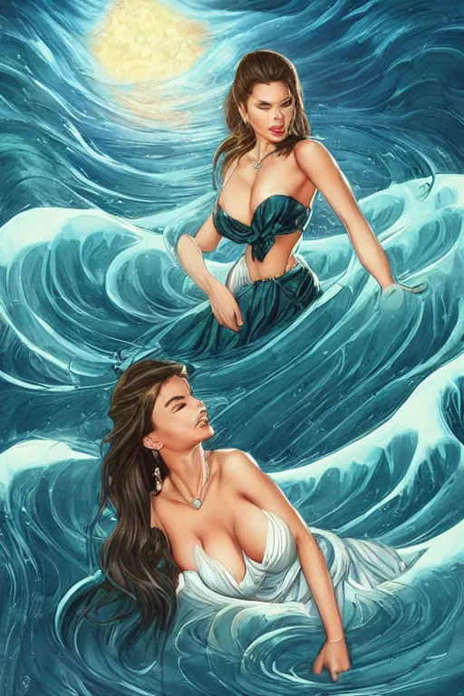 Image similar to Sofía Vergara as a heroine with a dress in the shape of the great wave off kanagawa, digital painting, artstation, concept art, smooth, sharp focus, illustration, art by artgerm and donato giancola and Joseph Christian Leyendecker, Ross Tran, WLOP