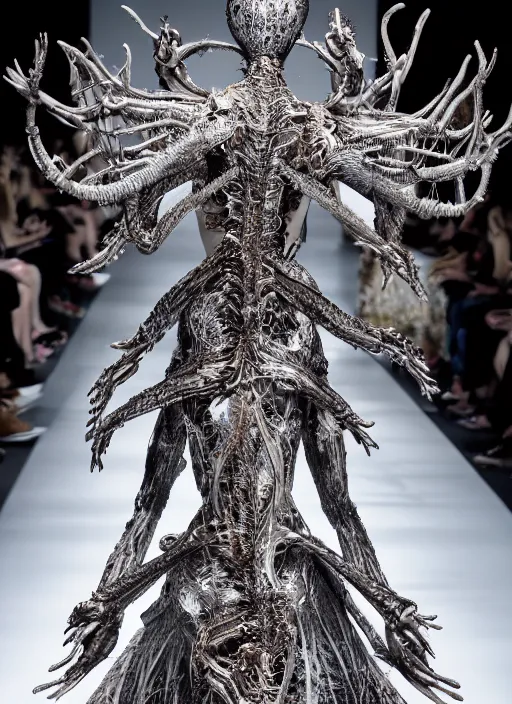 Image similar to walking down the catwalk, ben watts, show, stage, vogue photo, podium, fashion show photo, historical baroque dress dark, iris van herpen, beautiful woman, masterpiece, intricate, biopunk, vogue, full body shot, alien, plant predator, guyver, jellyfish, white biomechanical details, highly detailed