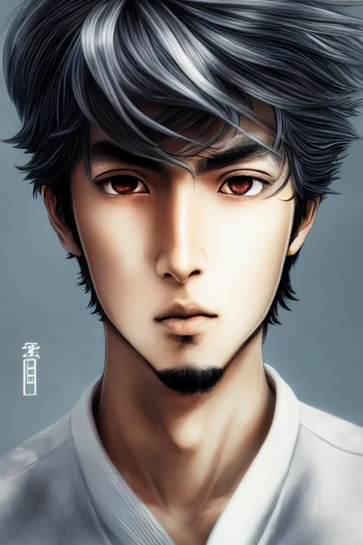 Prompt: beautiful manga portrait of a young arabic man inspired by ayami kojima with short hair dressed with a white t - shirt, white background white bank studio light, art by yoshitaka amano and shingo tamagawa, sharp focus, high quality, 8 k