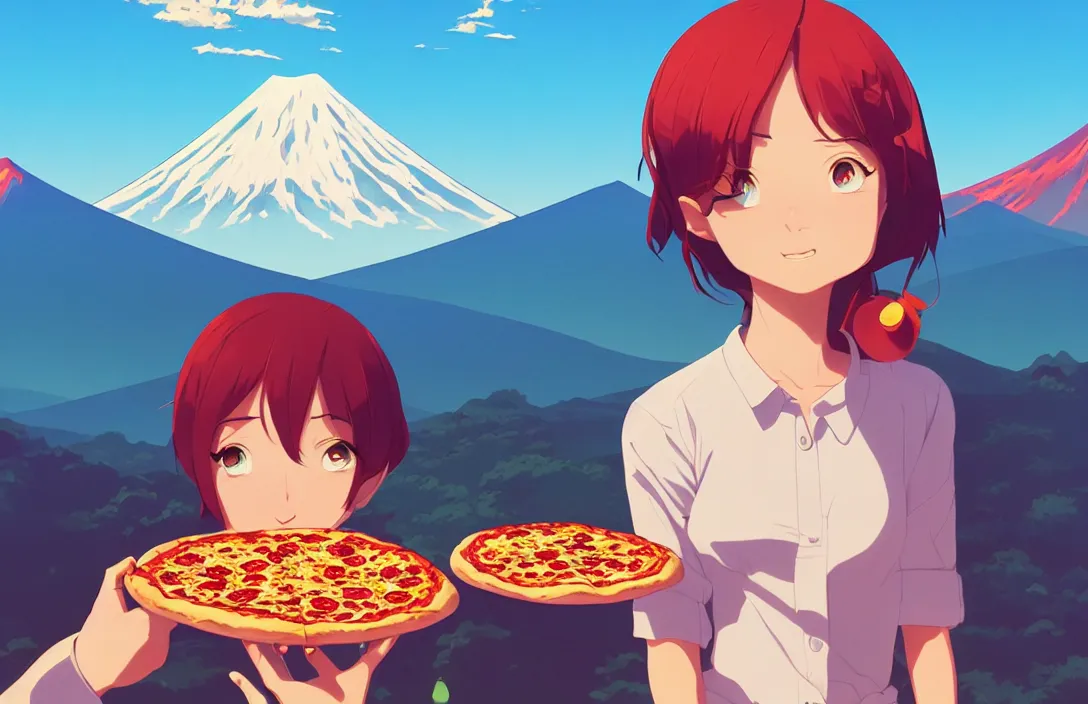 Image similar to portrait of pizza shapes, mount fuji background, rich vivid colors, ambient lighting, dynamic lighting, 4 k, hq, official media, anime key visual, makoto shinkai, ilya kuvshinov, lois van baarle, rossdraws, detailed, trending on artstation