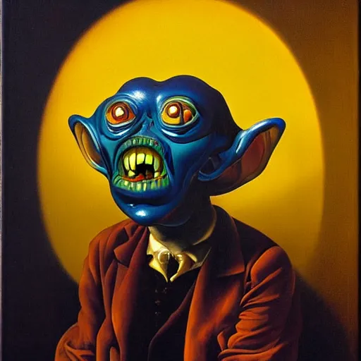 Image similar to oil painting with black background by christian rex van dali todd schorr of a chiaroscuro portrait of an extremely bizarre disturbing mutated man with acne intense chiaroscuro obscuring features lighting perfect composition masterpiece